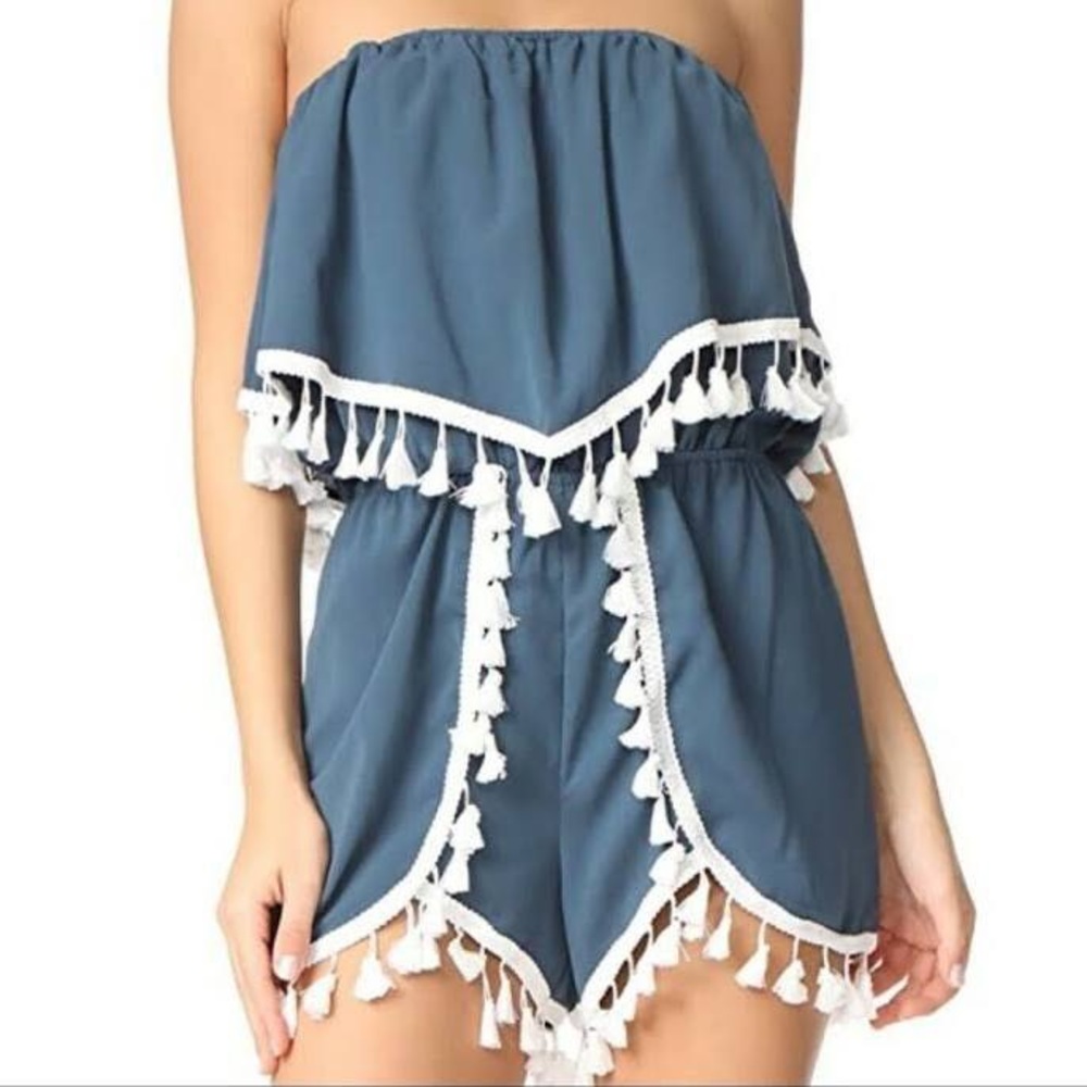 Blue, Strapless Romper with White Tassels in Size Large